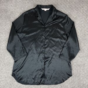 Victoria's Secret Shirt Womens Medium Black Satin Pajama Button Up Pocket